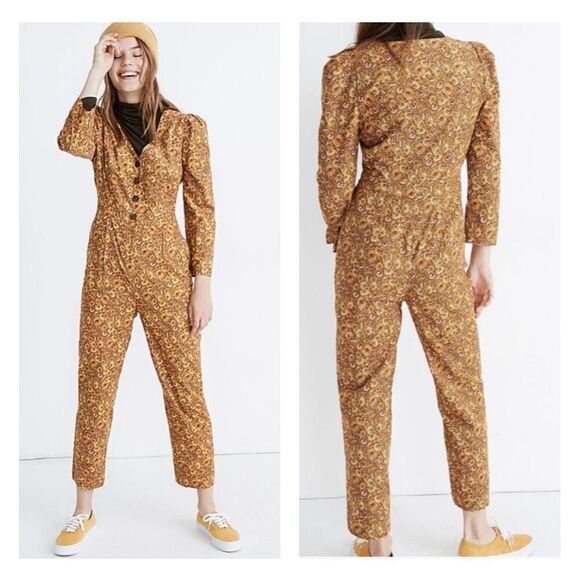 Madewell Corduroy Puff Sleeve Jumpsuit Women’s 00 in Mumbai Floral Moss NEW - Picture 2 of 13